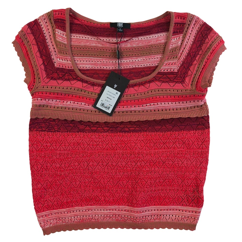 Frye‎ Knit Top NWT Women's Medium Multicolor Cap Sleeve Scoop Neck Boho Sweater